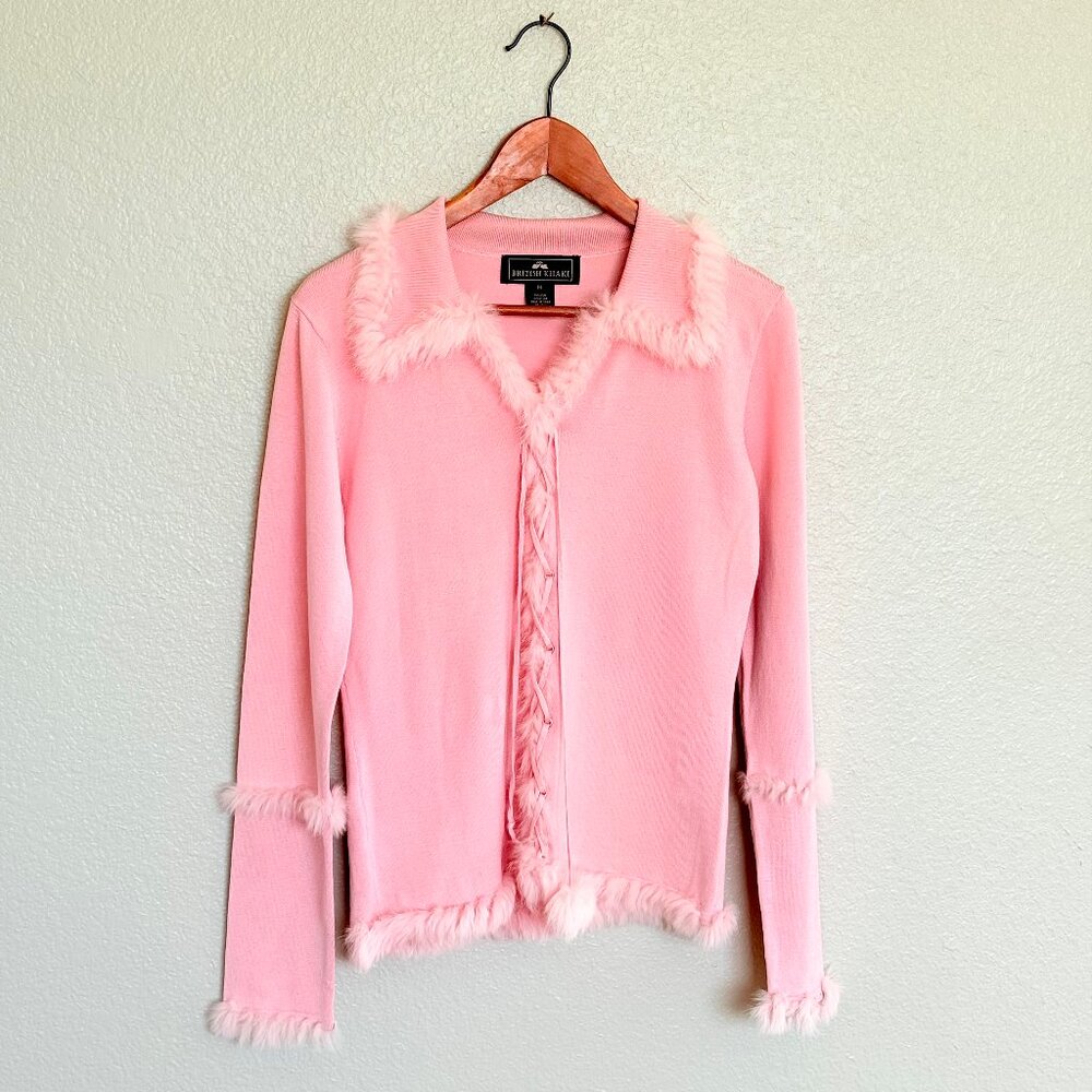 Vintage Y2k Coquette Pink Silk & Fur Trimmed Laceup Sweater British Khaki Size M